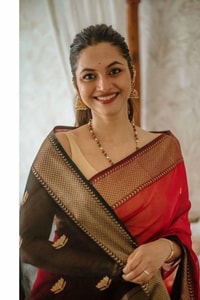 Red Saree with Contrast Black Pallu, Gold Zari Buttas and Woven Gold Border  in Surat