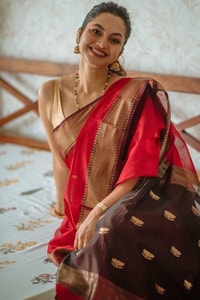 Red Saree with Contrast Black Pallu, Gold Zari Buttas and Woven Gold Border  in Surat