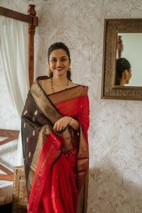 Red Saree with Contrast Black Pallu, Gold Zari Buttas and Woven Gold Border  in Surat
