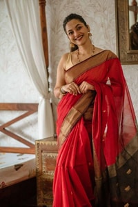 Red Saree with Contrast Black Pallu, Gold Zari Buttas and Woven Gold Border  in Surat