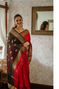 Red Saree with Contrast Black Pallu, Gold Zari Buttas and Woven Gold Border  in Surat