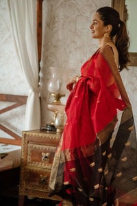 Red Saree with Contrast Black Pallu, Gold Zari Buttas and Woven Gold Border  in Surat
