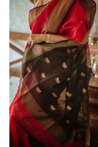 Red Saree with Contrast Black Pallu, Gold Zari Buttas and Woven Gold Border  in Surat