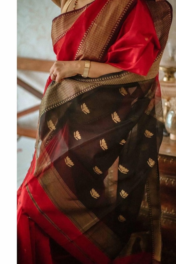 Red Saree with Contrast Black Pallu, Gold Zari Buttas and Woven Gold Border  in Surat