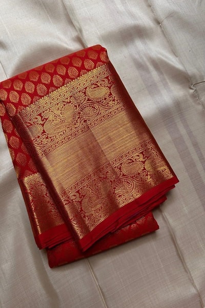Red and Black Banarasi Soft Silk Saree with Gold Zari Buti Brocade and Rich Border in Surat