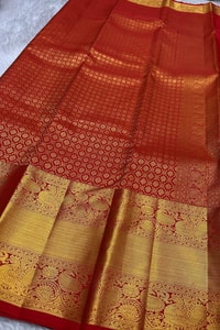 Red and Black Banarasi Soft Silk Saree with Gold Zari Buti Brocade and Rich Border  in Surat