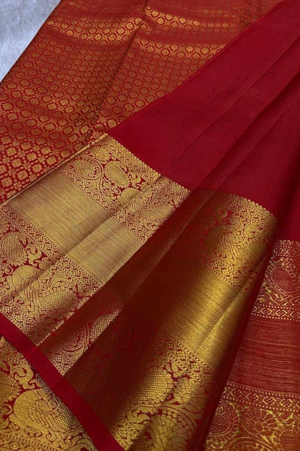 Red and Black Banarasi Soft Silk Saree with Gold Zari Buti Brocade and Rich Border  in Surat