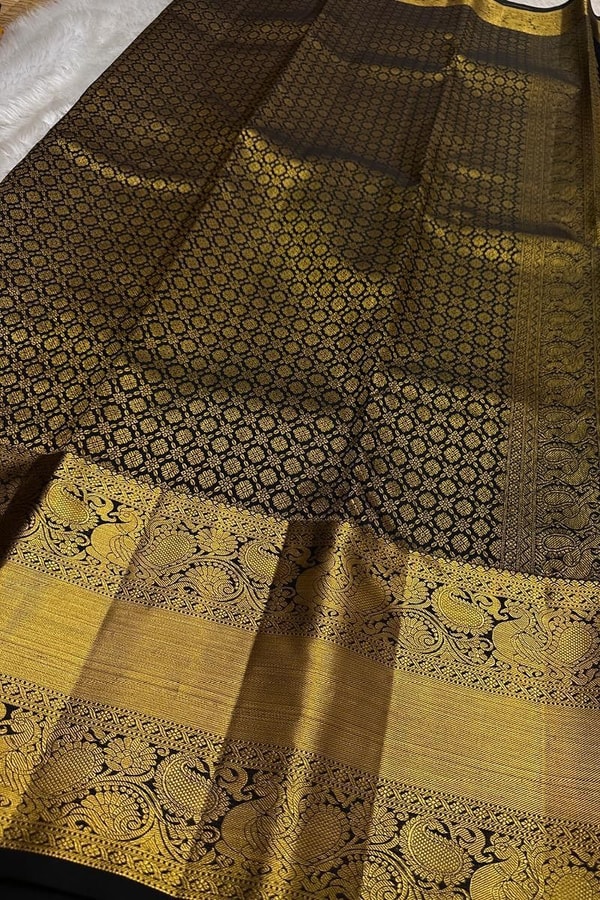 Red and Black Banarasi Soft Silk Saree with Gold Zari Buti Brocade and Rich Border  in Surat