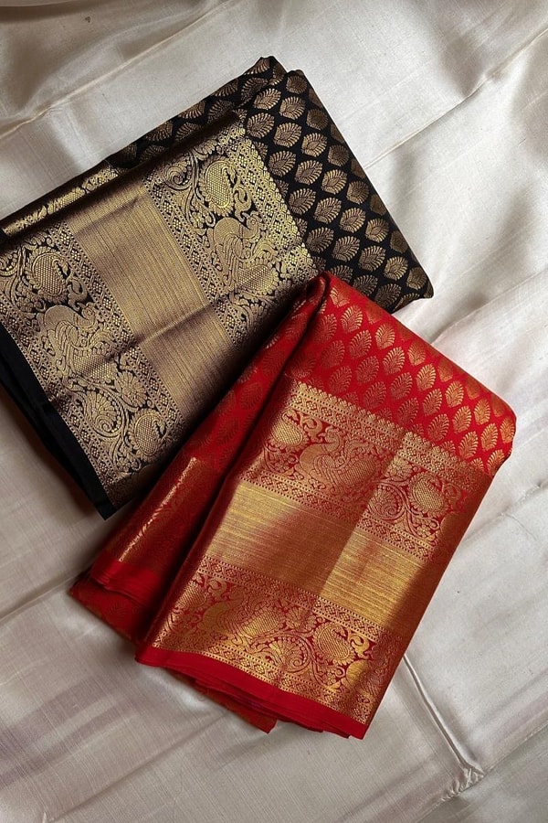 Red and Black Banarasi Soft Silk Saree with Gold Zari Buti Brocade and Rich Border  in Surat