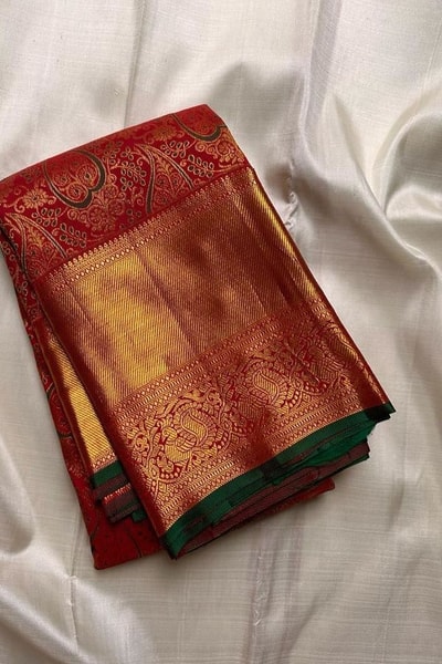Red and Green Banarasi Soft Silk Saree with Heavy Gold Zari Brocade and Green Pallu in Surat