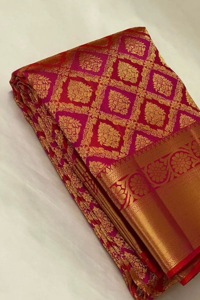 Red and Pink Banarasi Soft Silk Saree with Geometric Lattice Zari Brocade and Gold Border in Surat