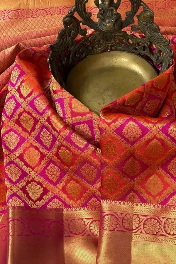 Red and Pink Banarasi Soft Silk Saree with Geometric Lattice Zari Brocade and Gold Border  in Surat