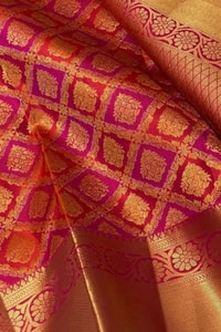 Red and Pink Banarasi Soft Silk Saree with Geometric Lattice Zari Brocade and Gold Border  in Surat
