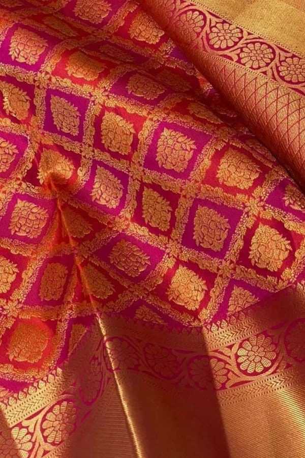 Red and Pink Banarasi Soft Silk Saree with Geometric Lattice Zari Brocade and Gold Border  in Surat