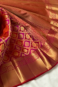 Red and Pink Banarasi Soft Silk Saree with Geometric Lattice Zari Brocade and Gold Border  in Surat