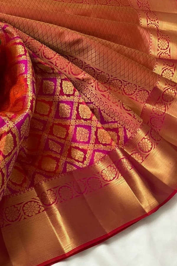 Red and Pink Banarasi Soft Silk Saree with Geometric Lattice Zari Brocade and Gold Border  in Surat