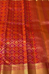 Red and Pink Banarasi Soft Silk Saree with Geometric Lattice Zari Brocade and Gold Border  in Surat