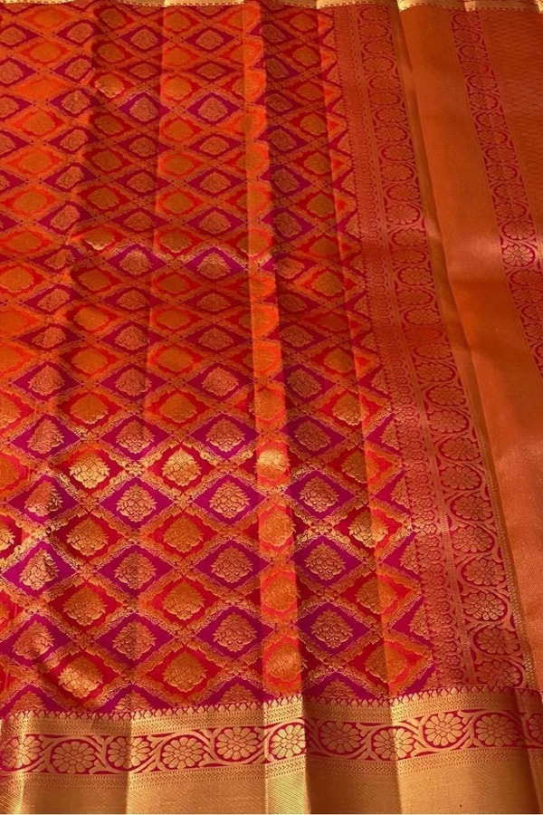 Red and Pink Banarasi Soft Silk Saree with Geometric Lattice Zari Brocade and Gold Border  in Surat