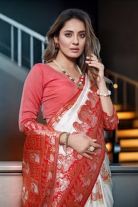Red and White Banarasi Soft Silk Saree with Floral Zari Weaving and Heavy Pallu  in Surat