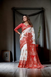Red and White Banarasi Soft Silk Saree with Floral Zari Weaving and Heavy Pallu  in Surat