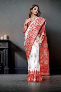 Red and White Banarasi Soft Silk Saree with Floral Zari Weaving and Heavy Pallu  in Surat