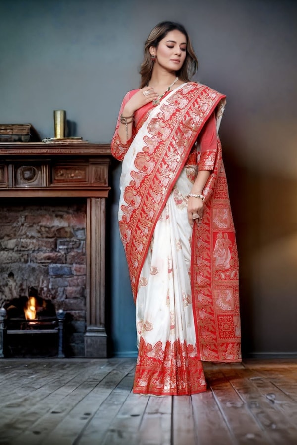 Red and White Banarasi Soft Silk Saree with Floral Zari Weaving and Heavy Pallu  in Surat