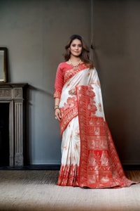 Red and White Banarasi Soft Silk Saree with Floral Zari Weaving and Heavy Pallu  in Surat