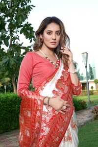 Red and White Banarasi Soft Silk Saree with Floral Zari Weaving and Heavy Pallu  in Surat