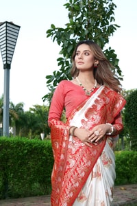 Red and White Banarasi Soft Silk Saree with Floral Zari Weaving and Heavy Pallu  in Surat