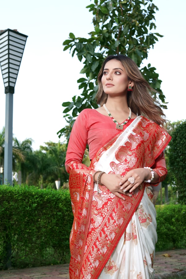 Red and White Banarasi Soft Silk Saree with Floral Zari Weaving and Heavy Pallu  in Surat