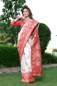 Red and White Banarasi Soft Silk Saree with Floral Zari Weaving and Heavy Pallu  in Surat