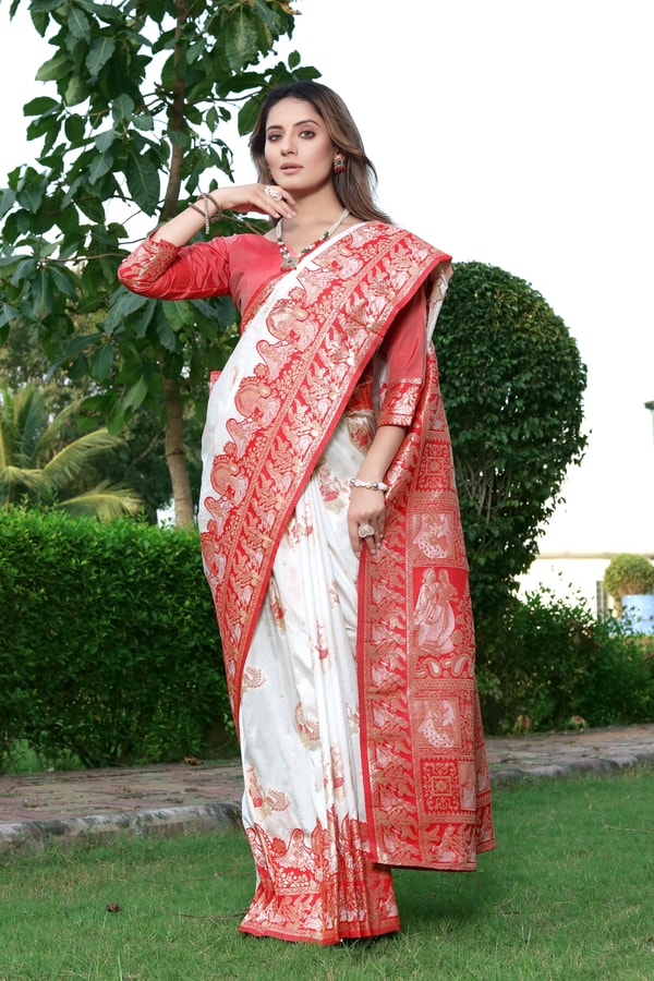 Red and White Banarasi Soft Silk Saree with Floral Zari Weaving and Heavy Pallu  in Surat