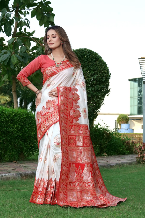 Red and White Banarasi Soft Silk Saree with Floral Zari Weaving and Heavy Pallu  in Surat