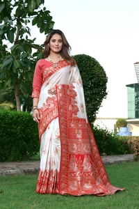 Red and White Banarasi Soft Silk Saree with Floral Zari Weaving and Heavy Pallu  in Surat
