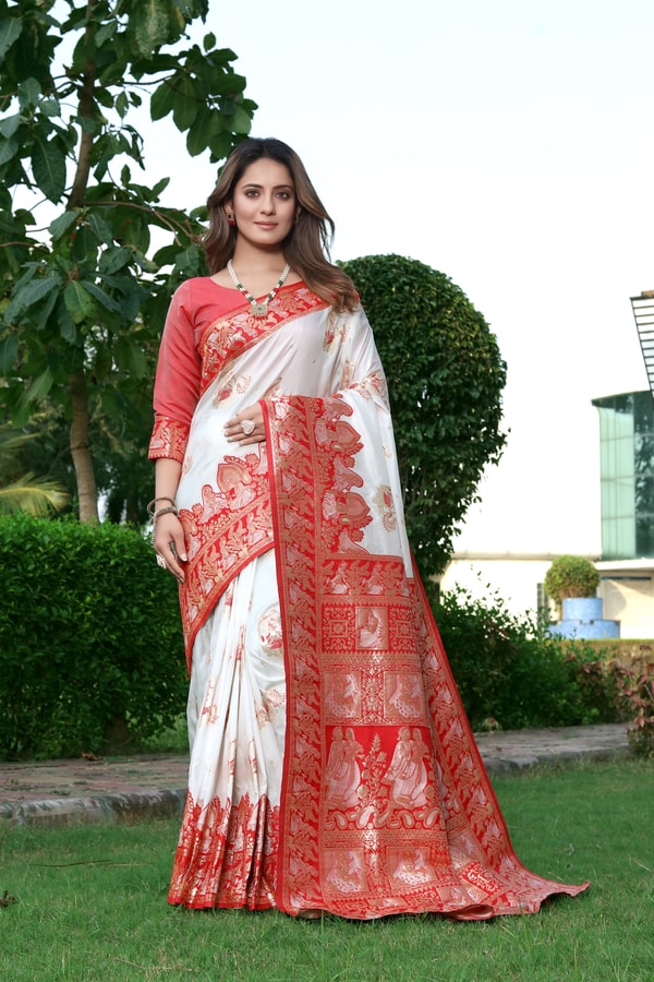 Red and White Banarasi Soft Silk Saree with Floral Zari Weaving and Heavy Pallu  in Surat