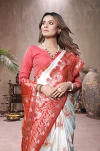 Red and White Banarasi Soft Silk Saree with Floral Zari Weaving and Heavy Pallu  in Surat