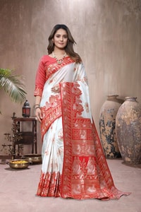 Red and White Banarasi Soft Silk Saree with Floral Zari Weaving and Heavy Pallu  in Surat