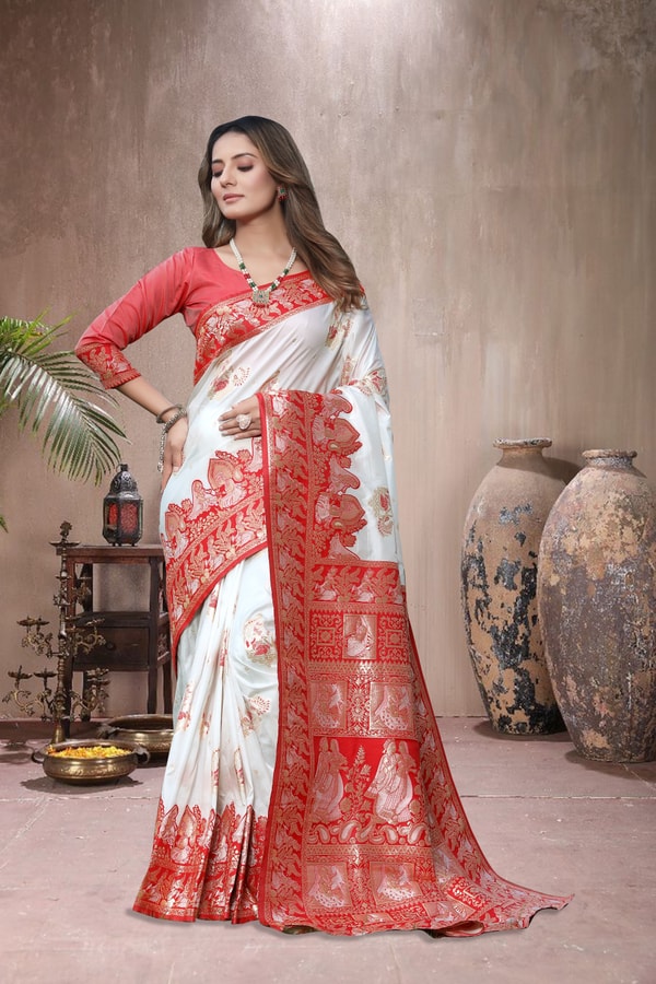 Red and White Banarasi Soft Silk Saree with Floral Zari Weaving and Heavy Pallu  in Surat