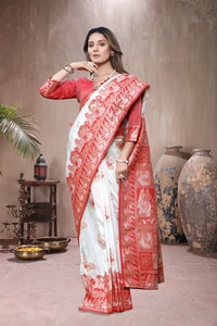 Red and White Banarasi Soft Silk Saree with Floral Zari Weaving and Heavy Pallu  in Surat