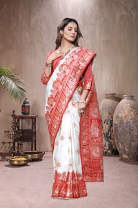 Red and White Banarasi Soft Silk Saree with Floral Zari Weaving and Heavy Pallu  in Surat
