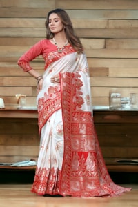 Red and White Banarasi Soft Silk Saree with Floral Zari Weaving and Heavy Pallu  in Surat