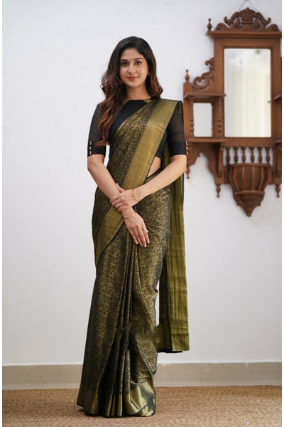 Rich Gold Zari Brocade Banarasi Soft Silk Saree in Black, Dark Green, Magenta, Off-White and Red in Surat
