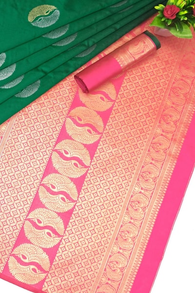 Round Zari Medallion Butta Banarasi Soft Silk Saree with Contrast Pallu in Four Colour Pairs in Surat