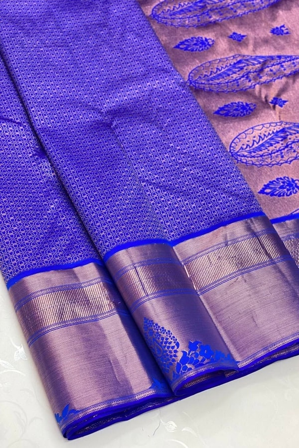 Royal Blue Banarasi Soft Silk Saree with Copper Zari Paisley Border and Kanjivaram-Style Pallu  in Surat