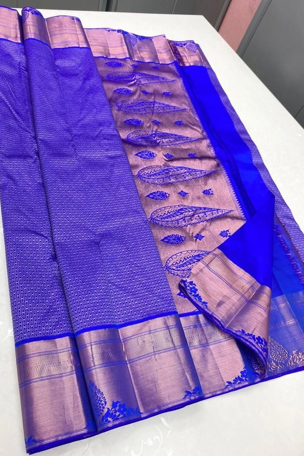 Royal Blue Banarasi Soft Silk Saree with Copper Zari Paisley Border and Kanjivaram-Style Pallu  in Surat