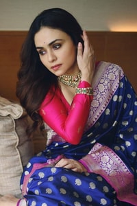Royal Blue Banarasi Soft Silk Saree with Pink Border and Silver Zari Floral Buttas  in Surat