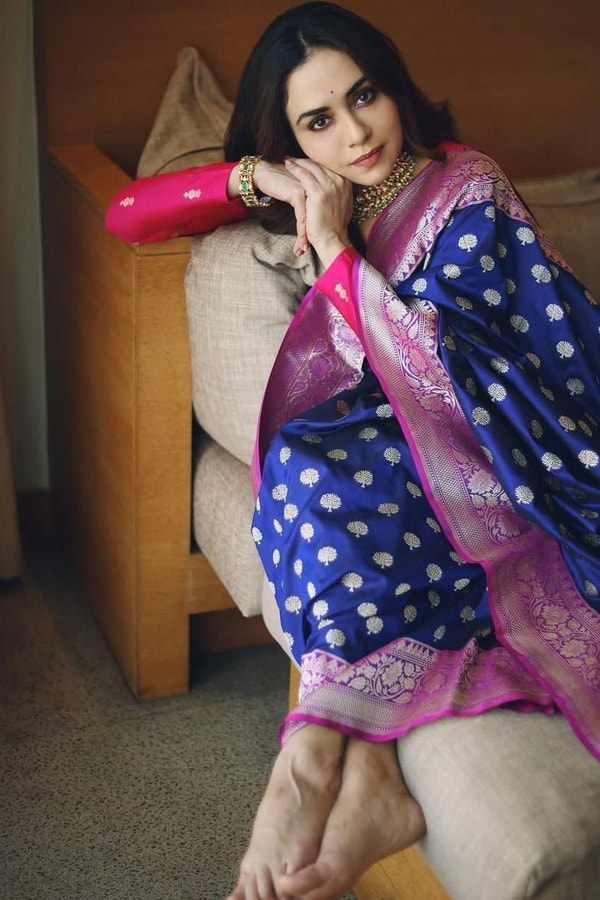 Royal Blue Banarasi Soft Silk Saree with Pink Border and Silver Zari Floral Buttas  in Surat