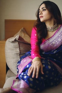 Royal Blue Banarasi Soft Silk Saree with Pink Border and Silver Zari Floral Buttas  in Surat