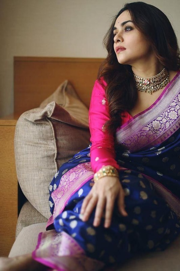 Royal Blue Banarasi Soft Silk Saree with Pink Border and Silver Zari Floral Buttas  in Surat