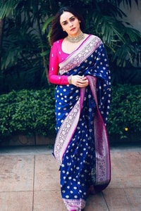 Royal Blue Banarasi Soft Silk Saree with Pink Border and Silver Zari Floral Buttas  in Surat